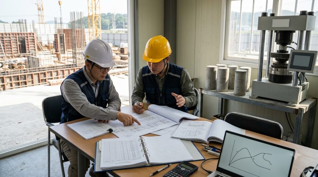 콘크리트의 탄성계수와 압축강도 관계를 현장에서 해석하는 방법 4 Engineers reviewing concrete tes… 202608181939