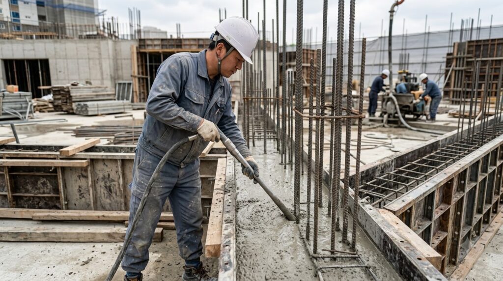 Worker compacting concrete on site 202608181913
