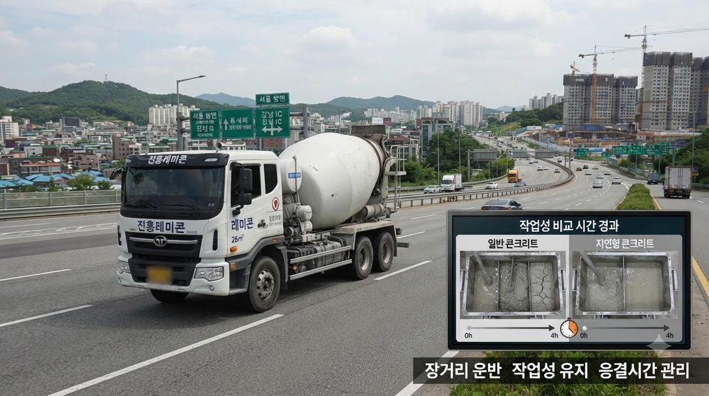 초지연 콘크리트의 응결 제어 원리와 장거리 운반 적용 방법 2 Concrete truck traveling on highway 20260928202401