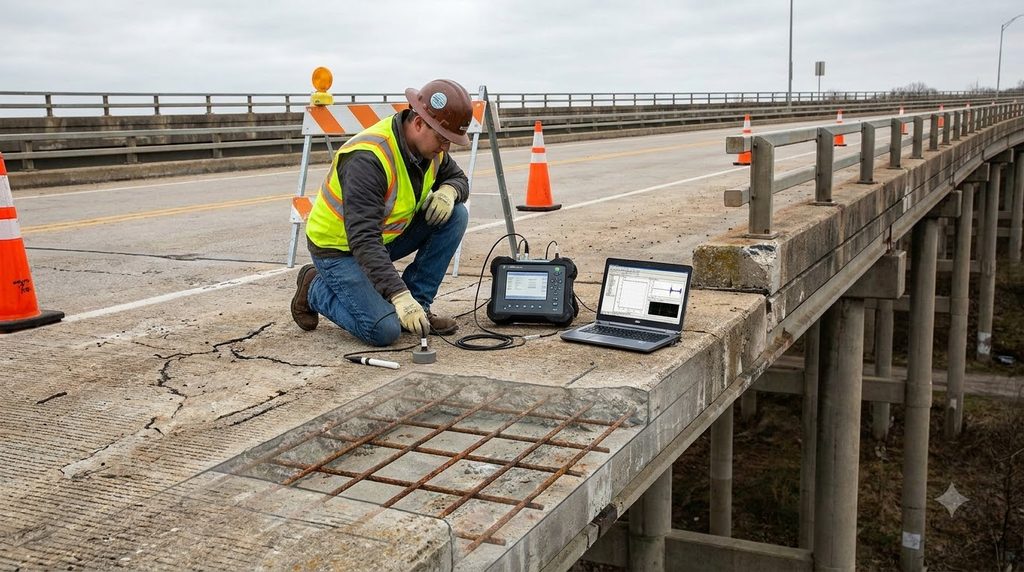 선형분극저항법(LPR)을 이용한 철근 부식속도 정량 평가 1 Engineer measuring bridge corros… 202609062240