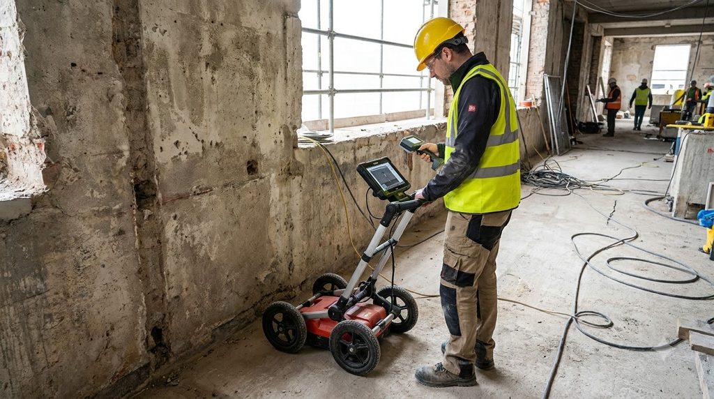 Engineer scanning rebar with GPR 202609040925