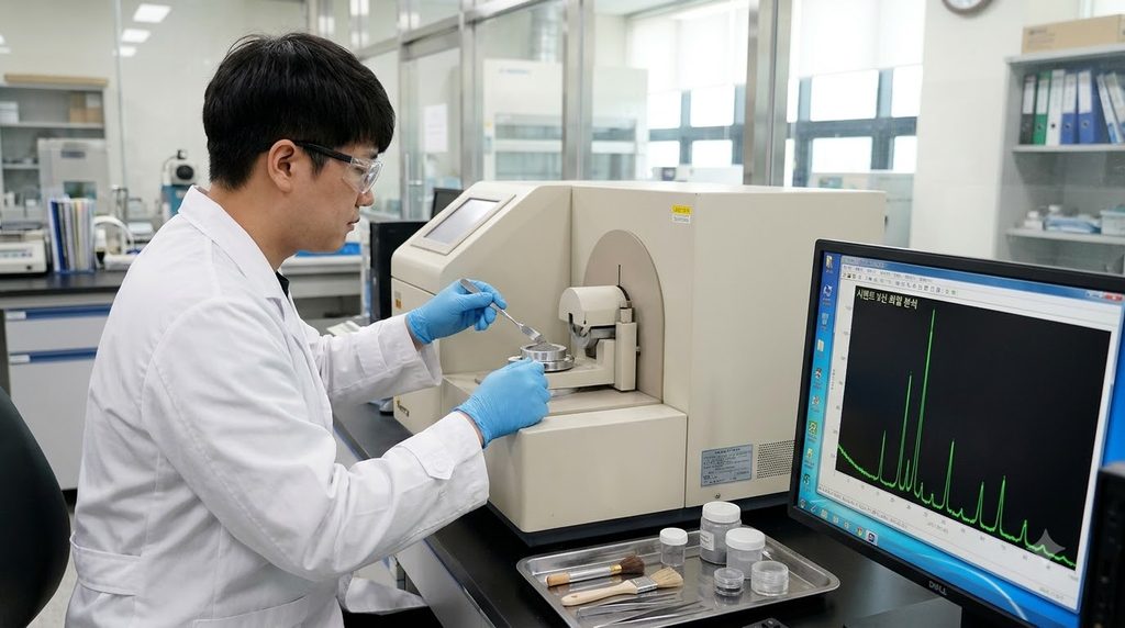 X선 회절분석(XRD)을 이용한 시멘트 수화생성물 정량 분석 원리 1 Researcher analyzing cement sample 20260911215852
