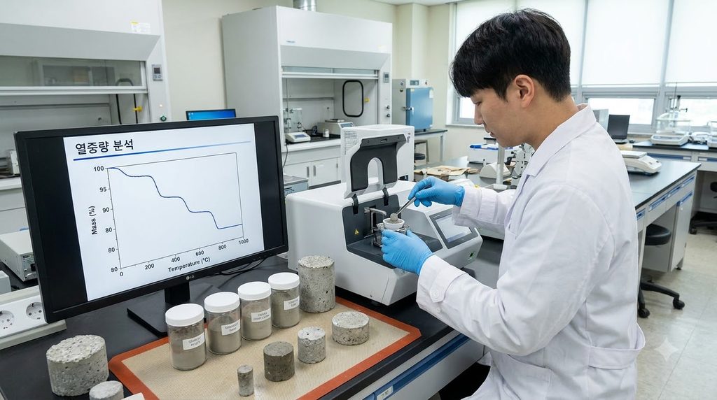 열중량분석(TGA)으로 콘크리트의 수화도와 탄산화 정도를 평가하는 방법 1 Researcher analyzing concrete po… 20260911221224