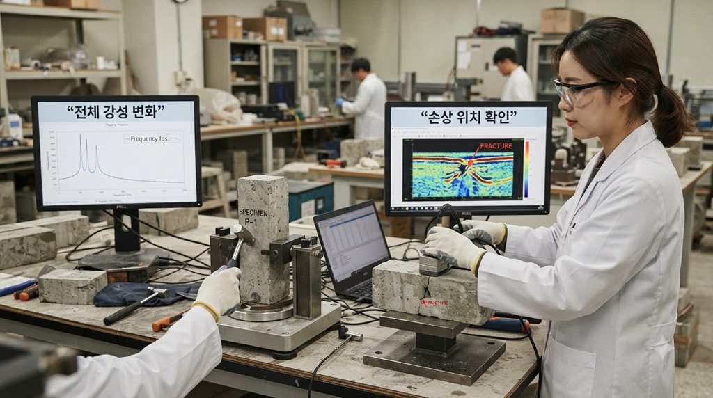 공진주파수 시험으로 콘크리트 동탄성계수와 내부 손상을 평가하는 원리 6 Researcher analyzing concrete pr… 20260927015356