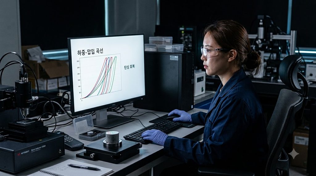 시멘트 페이스트의 나노경도와 탄성계수를 평가하는 나노인덴테이션 시험 원리 3 Researcher analyzing nanoindenta… 20260916232133