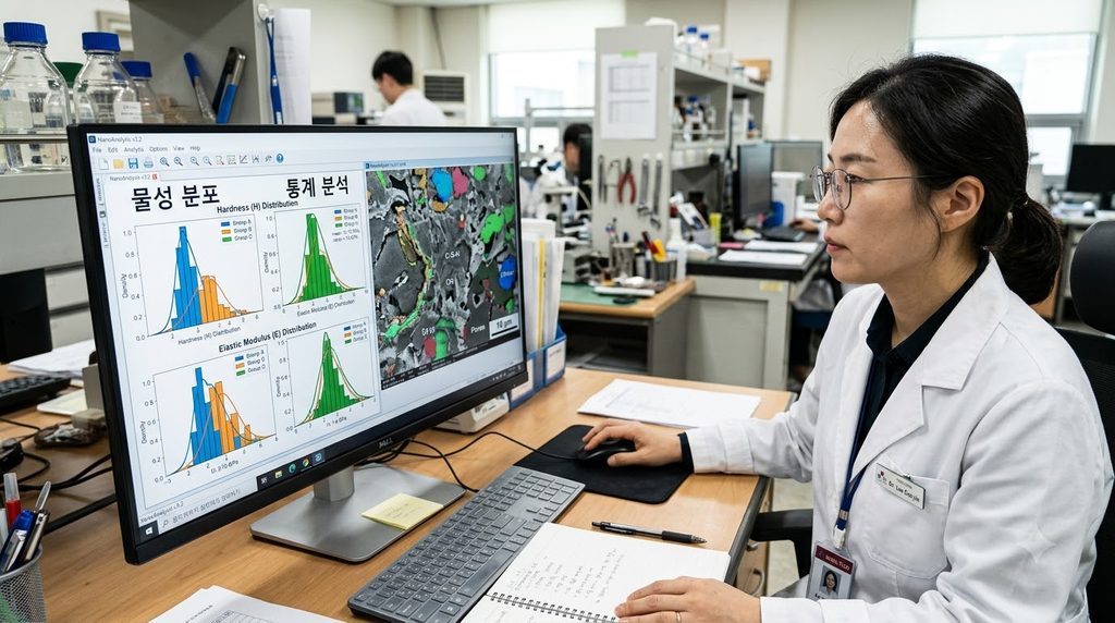 시멘트 페이스트의 나노경도와 탄성계수를 평가하는 나노인덴테이션 시험 원리 8 Researcher analyzing nanoindenta… 20260916232215