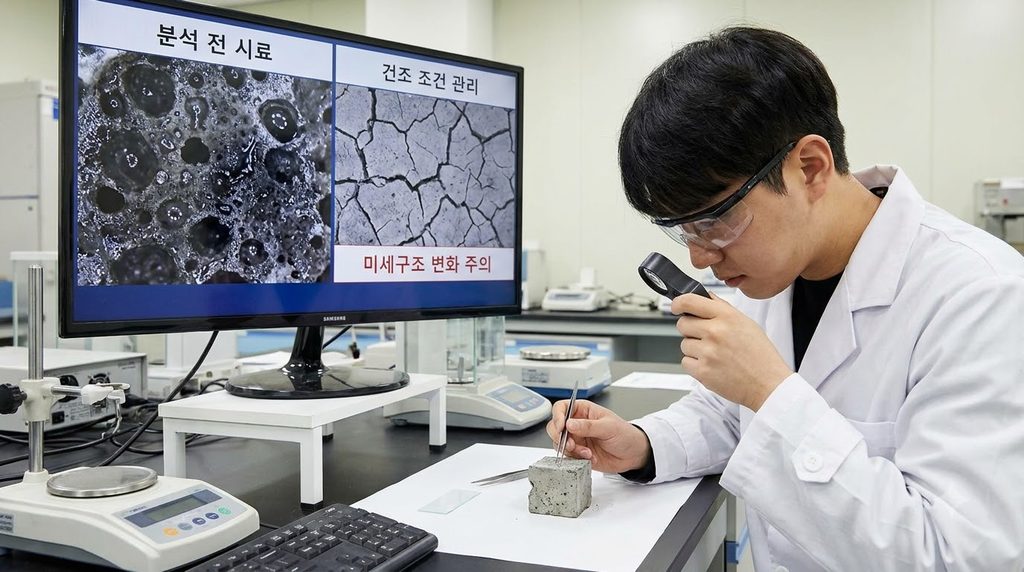 수은압입법(MIP)을 이용한 콘크리트 공극 크기 분포 분석의 원리와 한계 4 Researcher checking concrete mic… 20260914091435