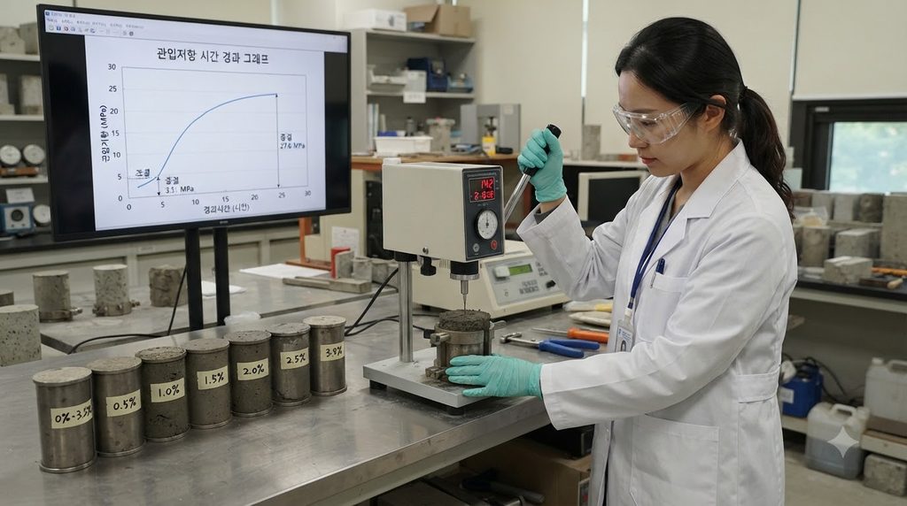 초지연 콘크리트의 응결 제어 원리와 장거리 운반 적용 방법 5 Researcher measuring mortar sett… 20260928202408