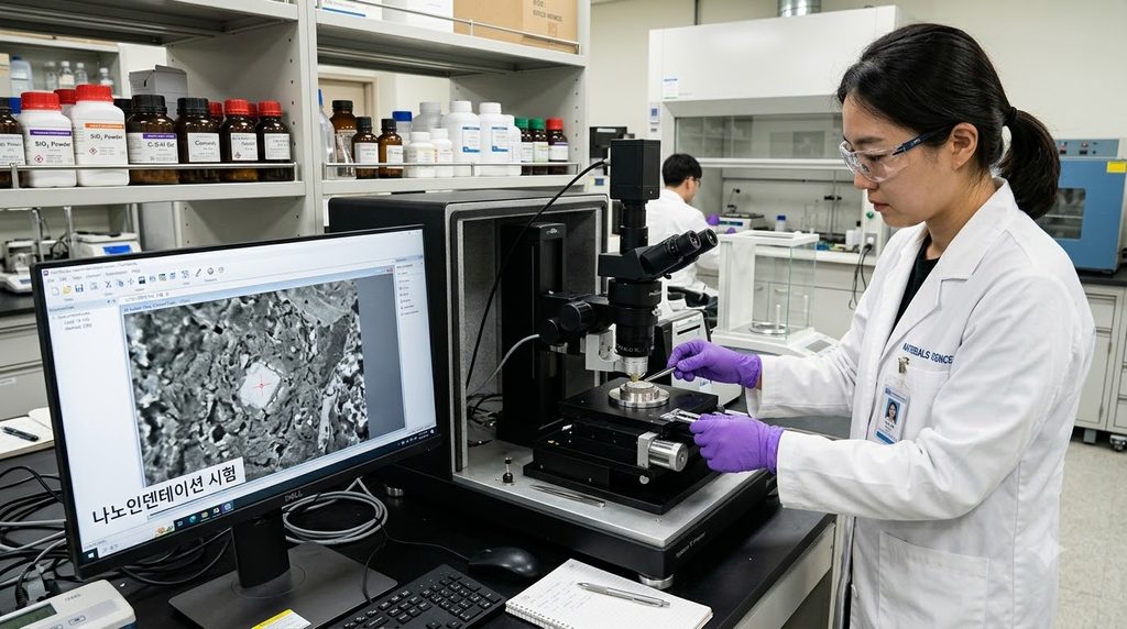 시멘트 페이스트의 나노경도와 탄성계수를 평가하는 나노인덴테이션 시험 원리 1 Researcher mounting cement paste… 20260916232124