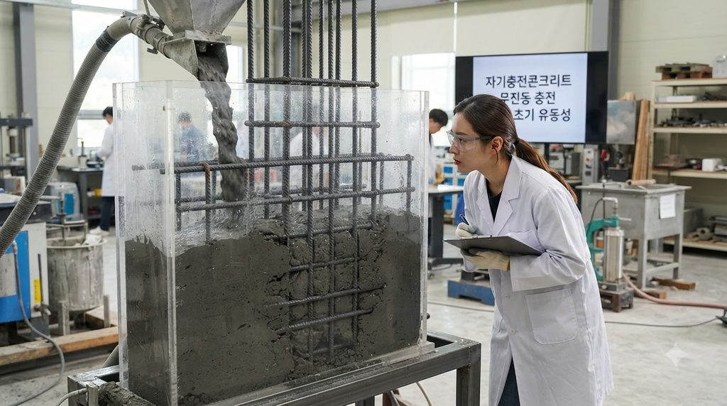 거푸집 측압에 영향을 미치는 굳지 않은 콘크리트의 틱소트로피 특성 3 Researcher observing concrete fl… 20260924000837