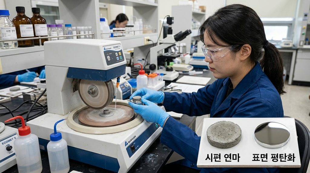시멘트 페이스트의 나노경도와 탄성계수를 평가하는 나노인덴테이션 시험 원리 6 Researcher polishing cement spec… 20260916232207