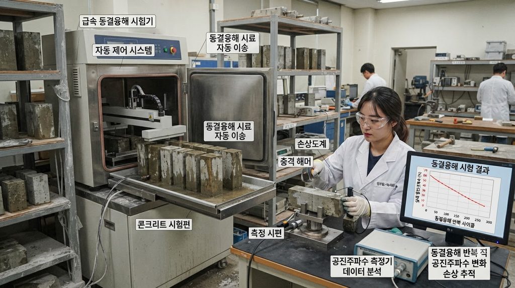 공진주파수 시험으로 콘크리트 동탄성계수와 내부 손상을 평가하는 원리 3 Researcher testing concrete free… 20260927015345