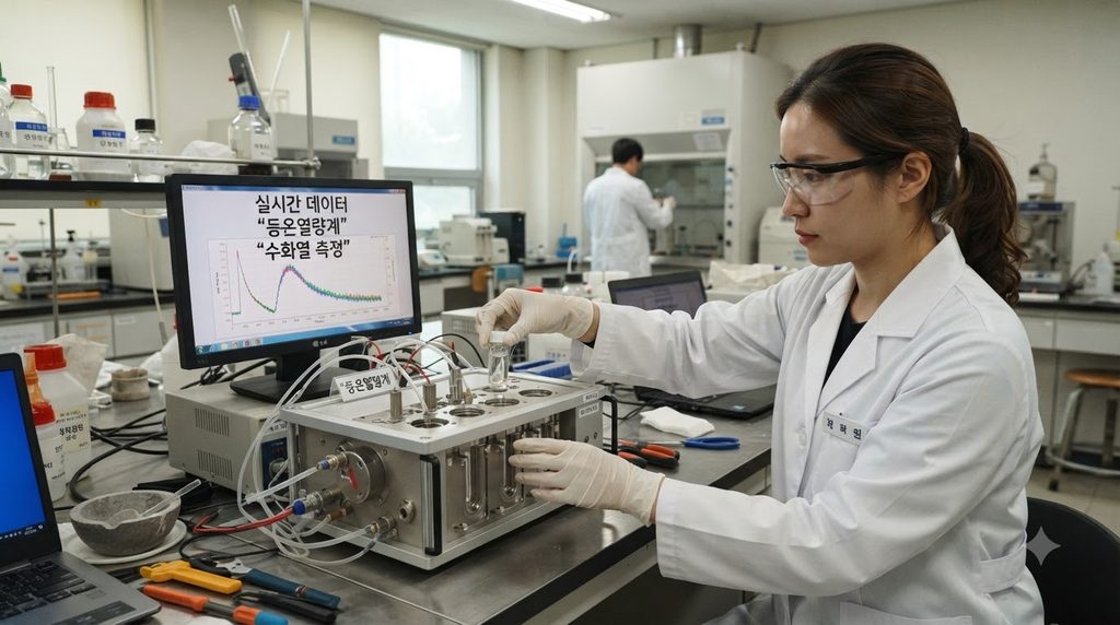 등온열량계로 시멘트 수화반응 속도와 발열 특성을 분석하는 원리 1 Researcher using isothermal calo… 20260928211244