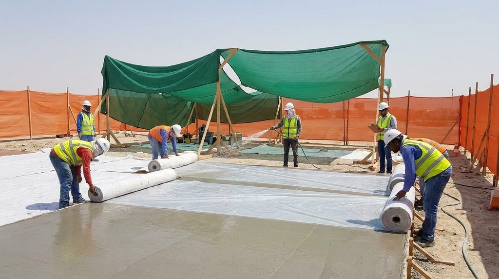 서중 콘크리트의 슬럼프 손실과 응결 촉진을 제어하는 현장 품질관리 5 Workers curing concrete on site 202609050102