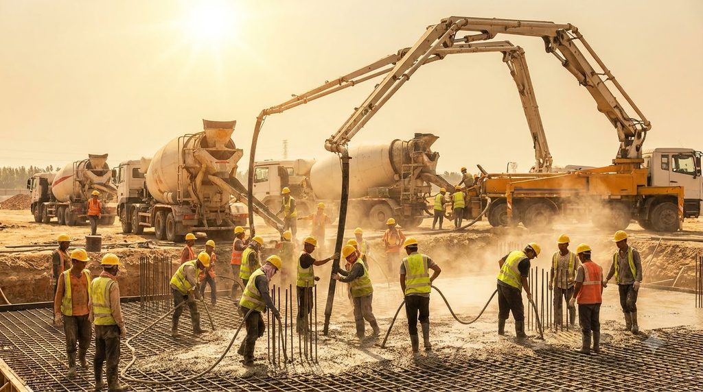 서중 콘크리트의 슬럼프 손실과 응결 촉진을 제어하는 현장 품질관리 1 Workers pouring concrete at site 202609050101