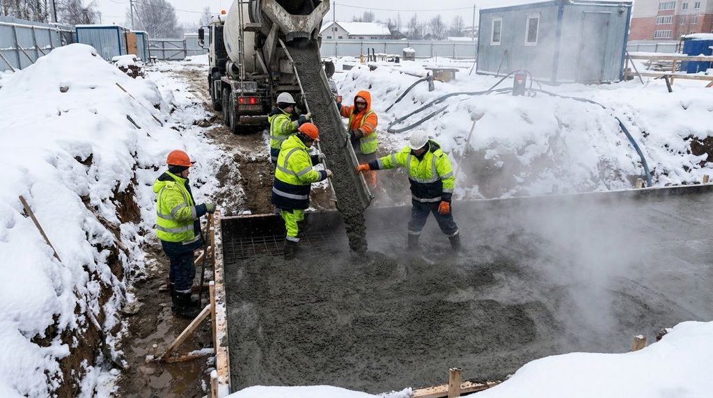 Workers pouring concrete in winter 202609050048