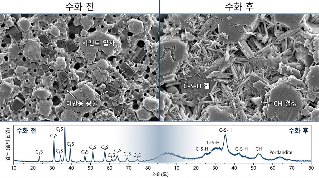 X선 회절분석(XRD)을 이용한 시멘트 수화생성물 정량 분석 원리 3 시멘트 수화 전후 미세구조 비교 20260911215856