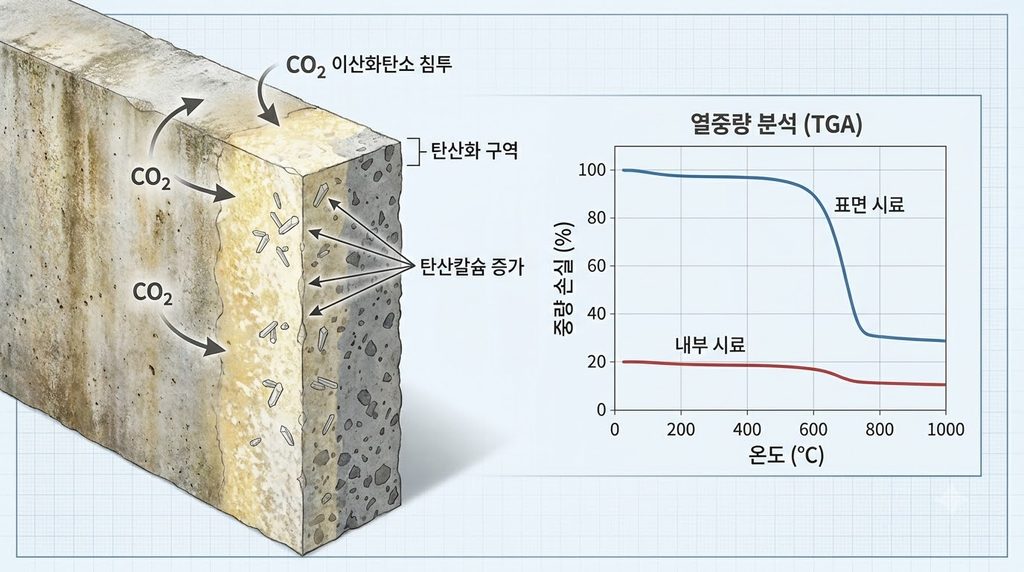 열중량분석(TGA)으로 콘크리트의 수화도와 탄산화 정도를 평가하는 방법 4 콘크리트 이산화탄소 침투 및 탄산화 20260911221236