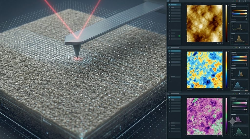 원자힘현미경(AFM)으로 C-S-H 표면 거칠기와 나노기계적 특성을 분석하는 원리 4 AFM probe mapping cement surface 20261018172626 1