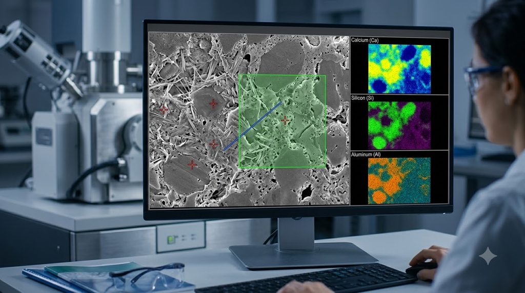주사전자현미경(SEM-EDS)으로 시멘트 수화물과 원소 분포를 분석하는 원리 2 SEM screen showing cement paste 20261004213510